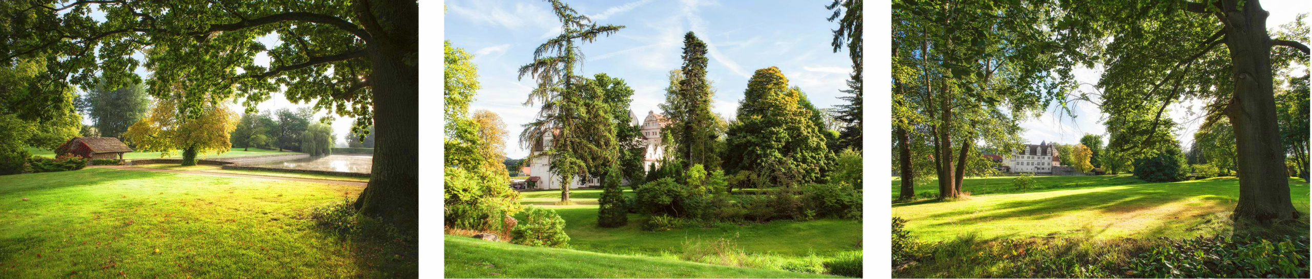 grüner Schlosspark Schwöbber bei Sommer mit Schlosshotel im Hintergrund