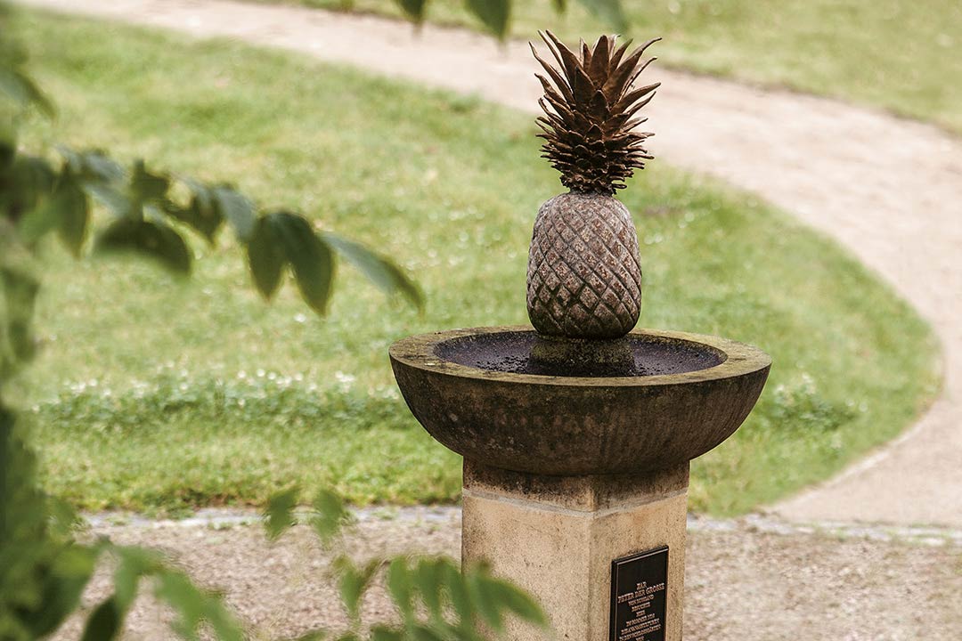 das Symbol des Schlosshotel Münchhausens: die Ananas im Schlosspark Schwöbber